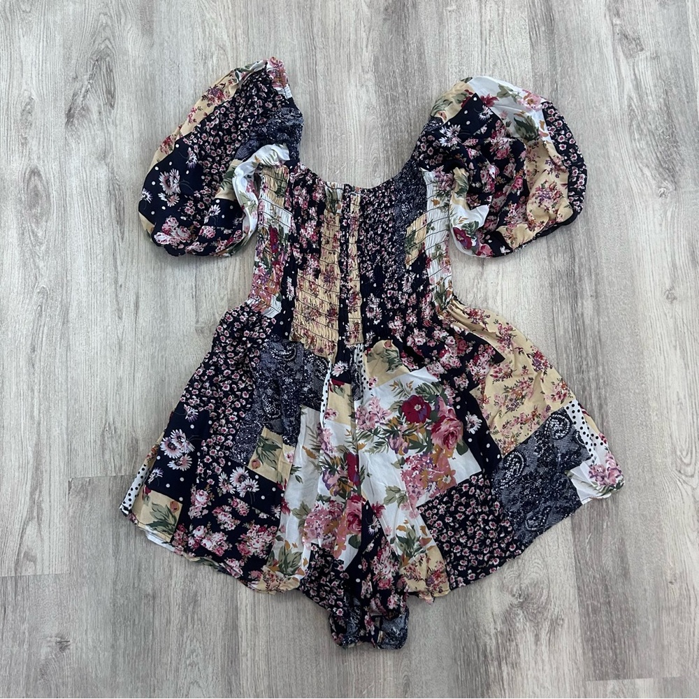 UO Kimchi Blue Romper Patsy Smocked Patchwork Womens S Boho Floral Cottage Core